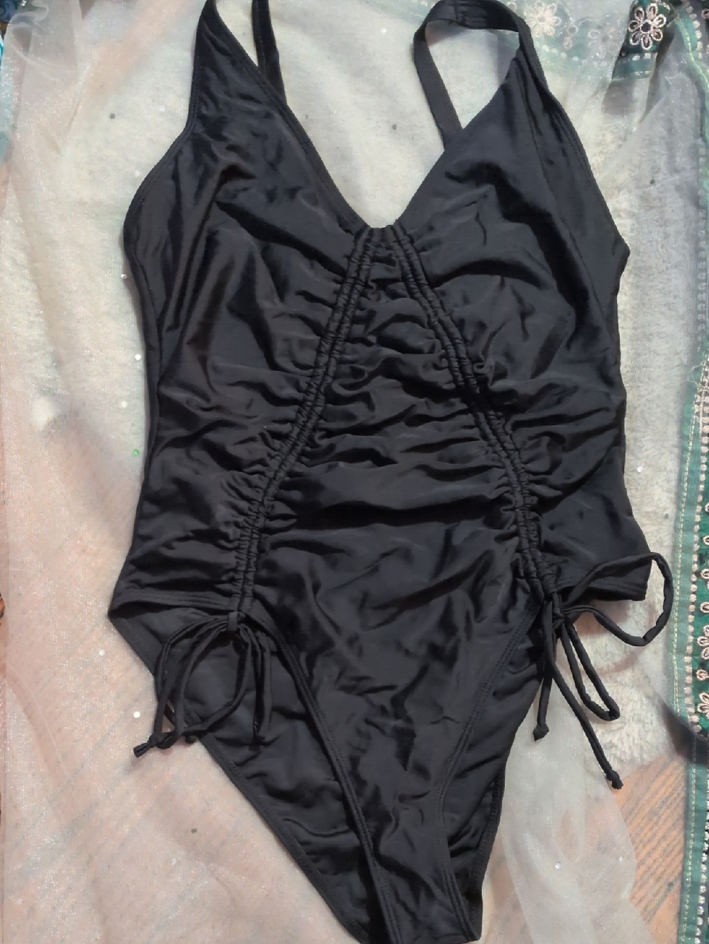 Classic Black Ruched Ladies Figure Flattering One-Piece Swimsuit